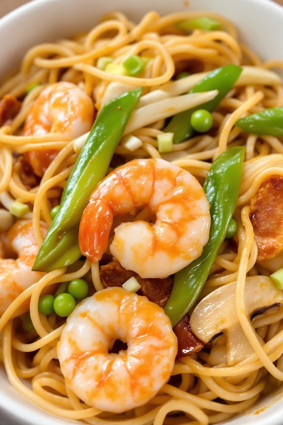 savory shrimp lo mein preparation